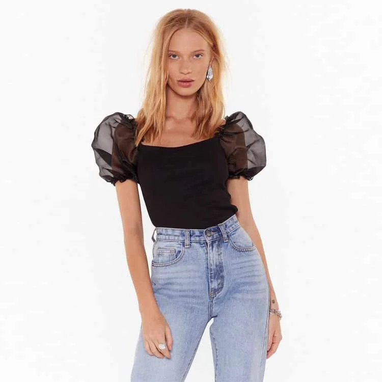 

Lady black square collar blouse organza puff short sleeve top