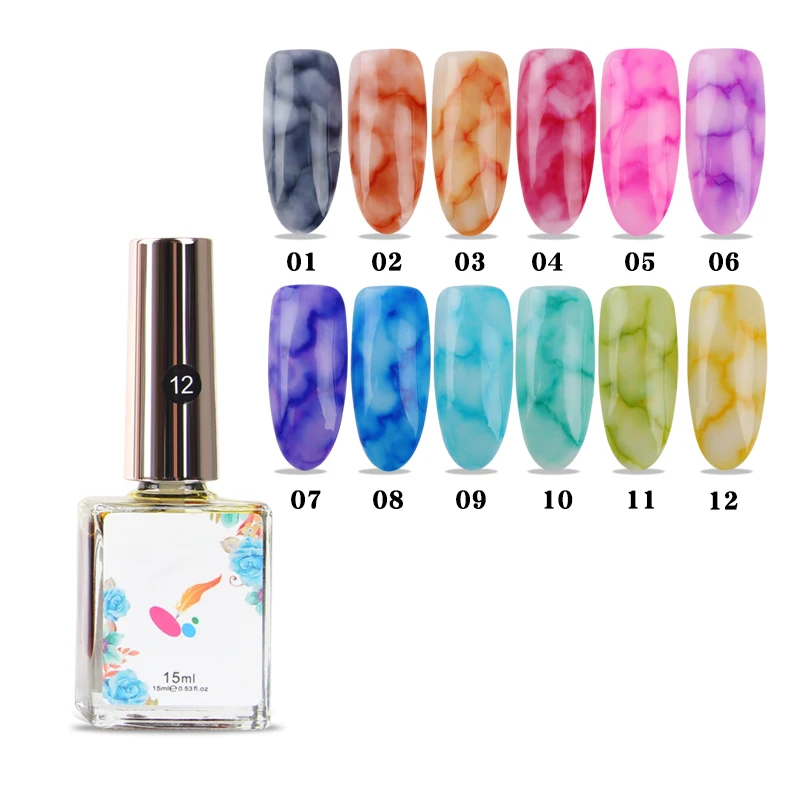 

QSHY Custom Logo Private Label Wholesale Nail Art 12 Colors Dry Naturally Blooming Painting Liquid Watercolor Marble Ink