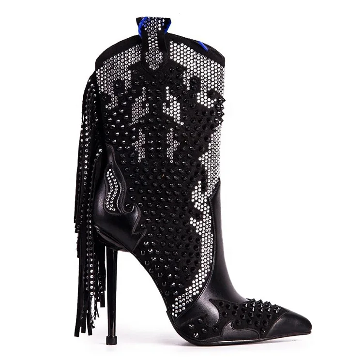

Ankle Boots High Heels Women Shoes Black Tassel Women's Rhinestone Boots Heels, More color