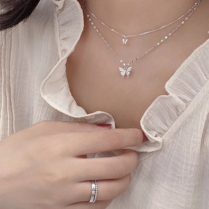 

Silver Color Flash Crystal Butterfly Double Necklace For Women Simple Design Crystal Elegant Wedding Jewelry Gifts