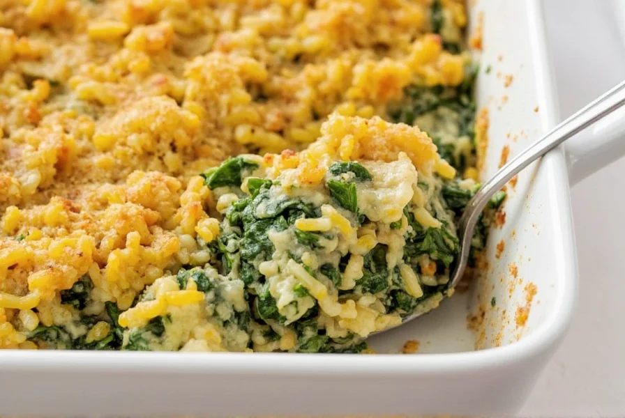 Freshly baked spinach and rice casserole served hot