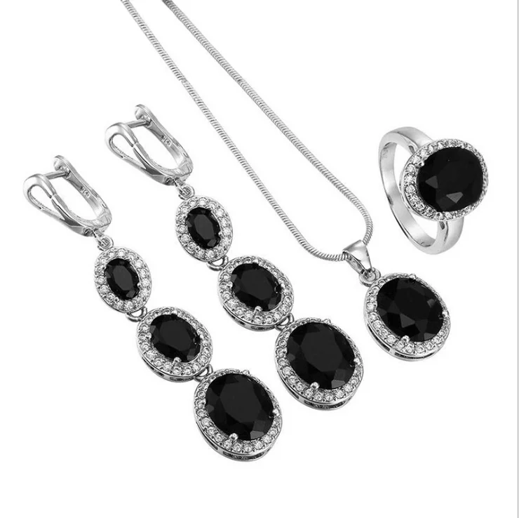 

18K White Gold Plated Round Cut Black Gemstone Rhinestone Women Jewelry Sets Necklace Earring Ring