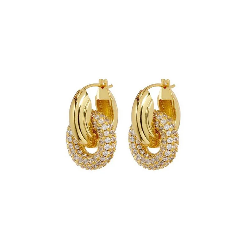 

European American Hot Selling Antique Real Gold Plated Hoop Earrings Double Separate Circles CZ Paved Jewelry For Women