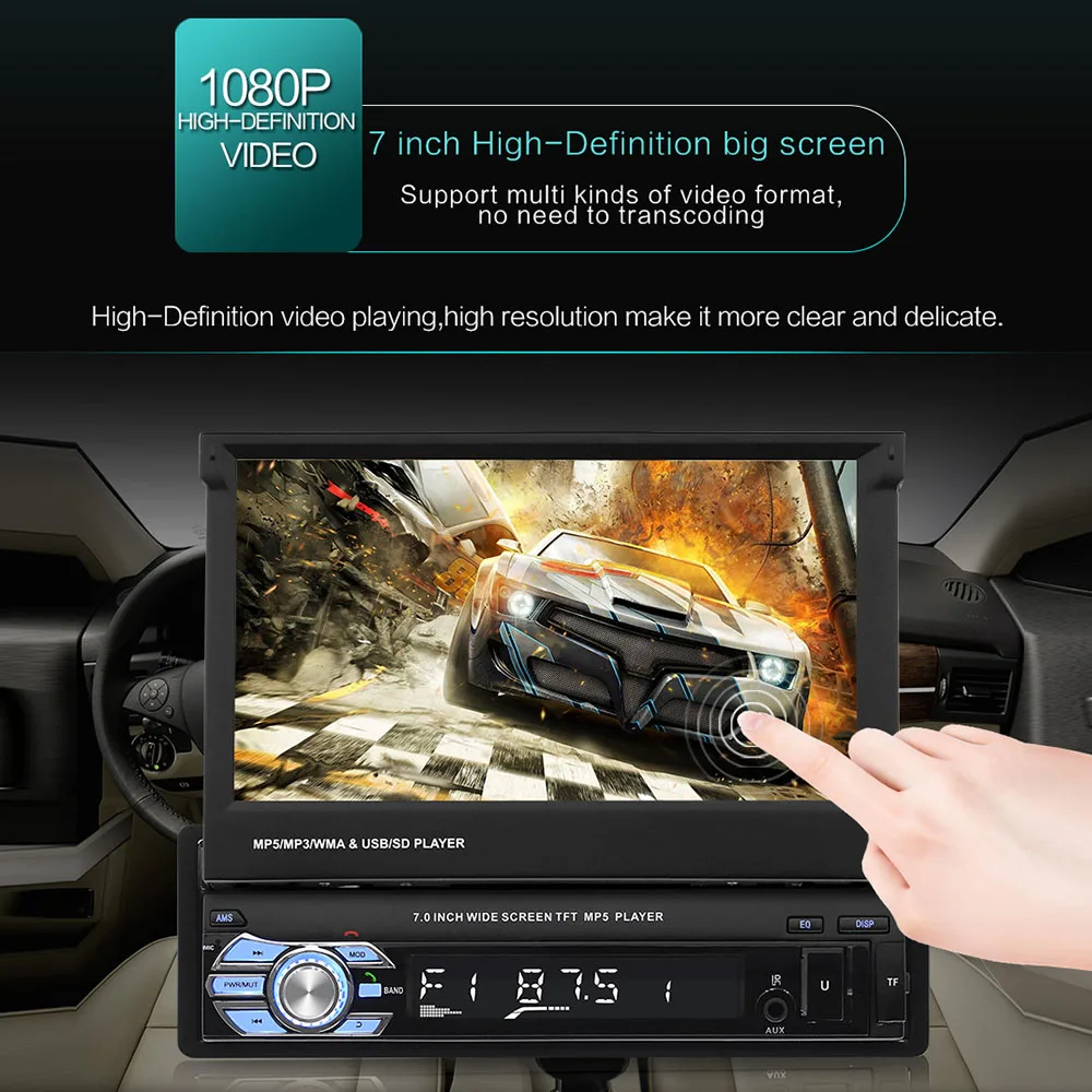 (EU Stock) Podofo Autoradio 1 Din Radio Car 7" HD Retractable Touch Screen BT SD FM USB Car MP5 Player   12LED Rear View Cam