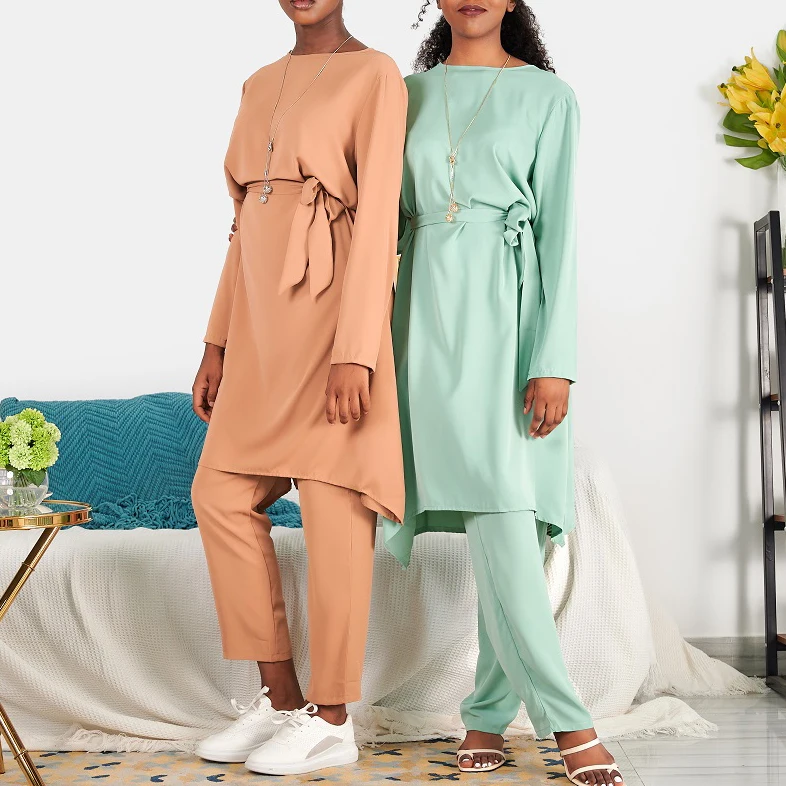

New Arrival 2 Pieces Ramadan abaya Dubai Turkey Muslim sets Islamic Clothing Baju Kurung Women Dress, 3 color in stock also accept customized color