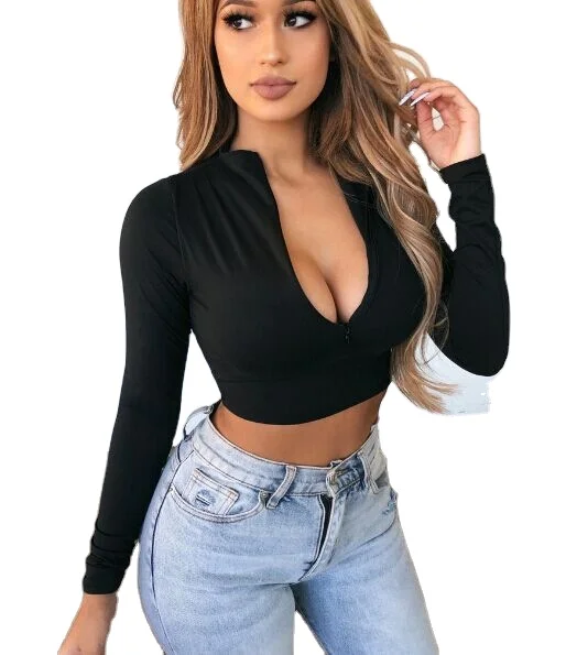 

2021 Spring New Fleece Lined V Neck Fitted Long Sleeve Zip Crop Tops Sexy Women Cropped Shirts