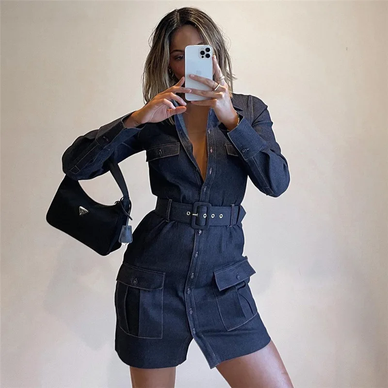 

Fast Shipping Sexy Single-breasted Long Sleeve Lapel Patch Pocket Fashion Casual Denim Dress for Women