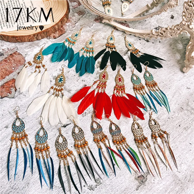 

Wholesale African Rainbow Wood Beads Long Colorful Feather Dangle Earrings for Women Jewelry, Gold plated