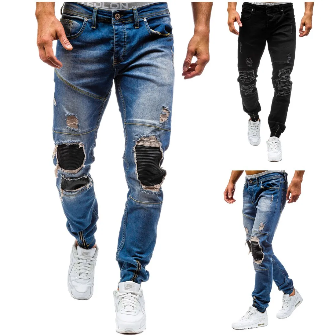 

Denim Hole Hipster Fashion Skinny Casual Solid Men's High Quality Mid Waist Pencil Pants Stretch Jeans for Men