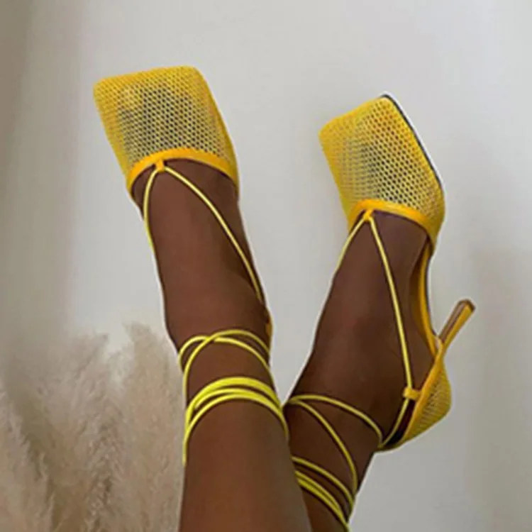 

Trendy Designs Ladies Heels Latest Breathable Shoes Closed Toe Lace-Up Mesh Sandals, Yellow,black,off white