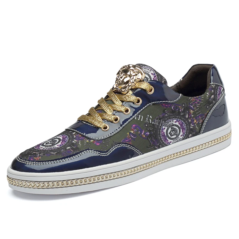

unisex couple metal zipper decorative luxury dressing street soft leather shoe for man life style and lady casual sneaker, Blue,gold