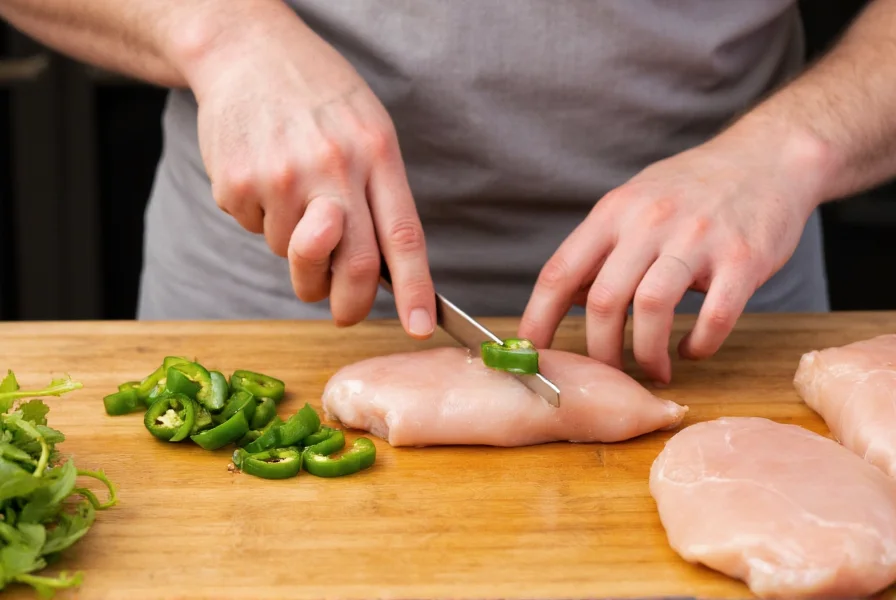 Chef carefully dicing fresh jalapeños on cutting board with chicken breast nearby for jalapeño pepper chicken preparation