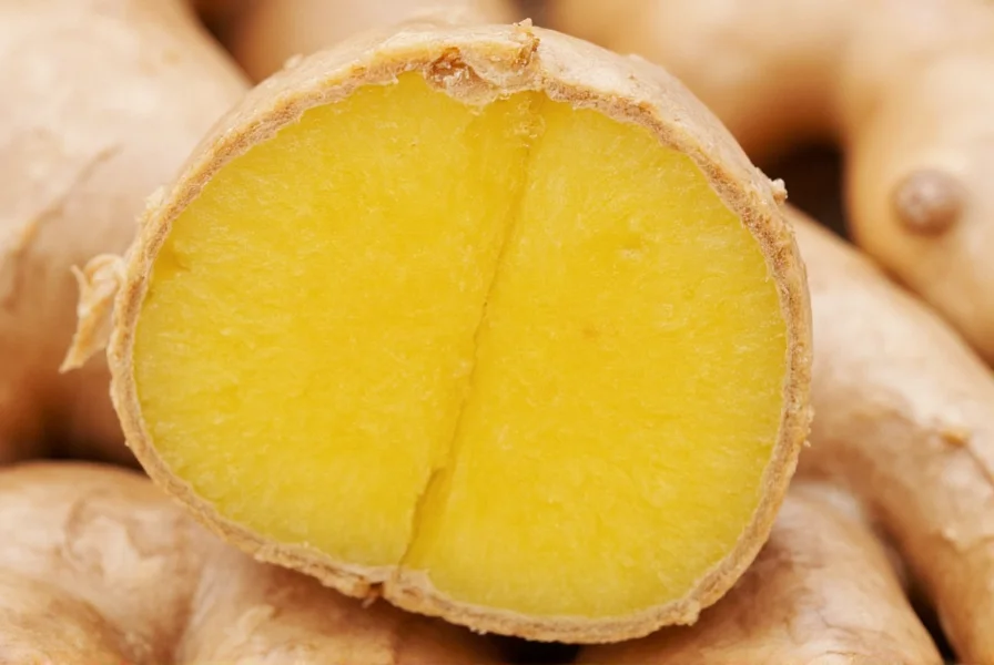 Close-up view of fresh ginger root showing fibrous texture and golden interior