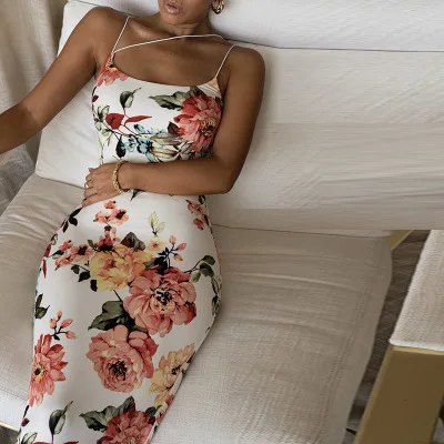 

2021 New Arrivals Spring Sexy Print Casual Dress Ladies Sling Sleeveless Backless Women Clothing