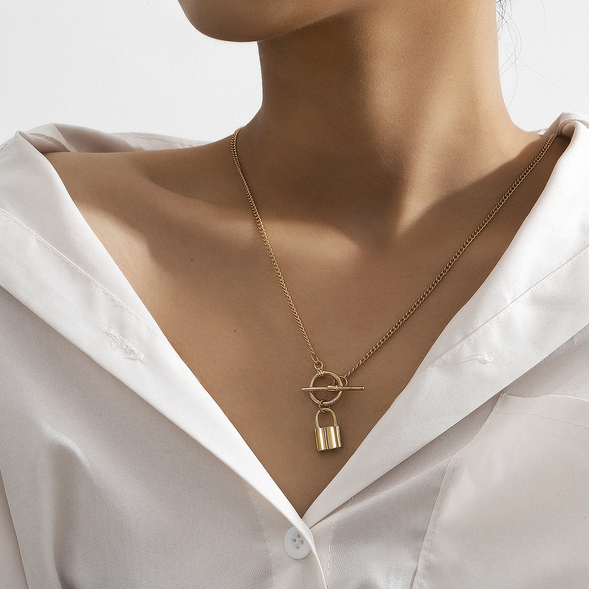 

SHIXIN Simple Thin Gold Color Long Chain Tiny Initial Necklace Padlock Pendant Lariat Necklaces for Women Minimalist Jewelry, Silver,gold