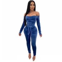 

Winter Spring Velvet Women Jumpsuits Lace Up Long Sleeves Off Shoulder Rompers Sexy Party Jumpsuit Bodysuit 2020 C12798