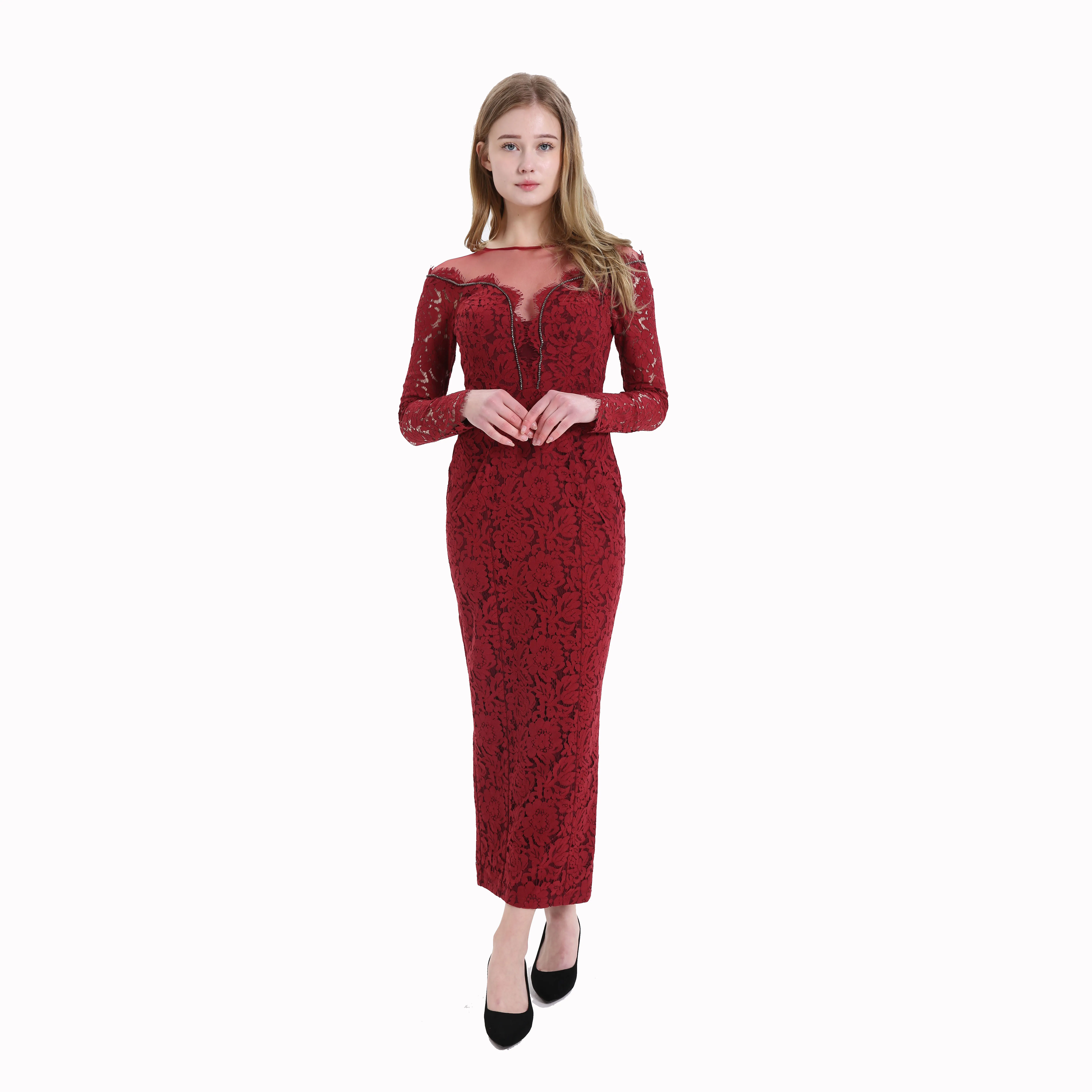 

Wholesale fashion long sleeve lace dresses women lady elegant evening dress, Red