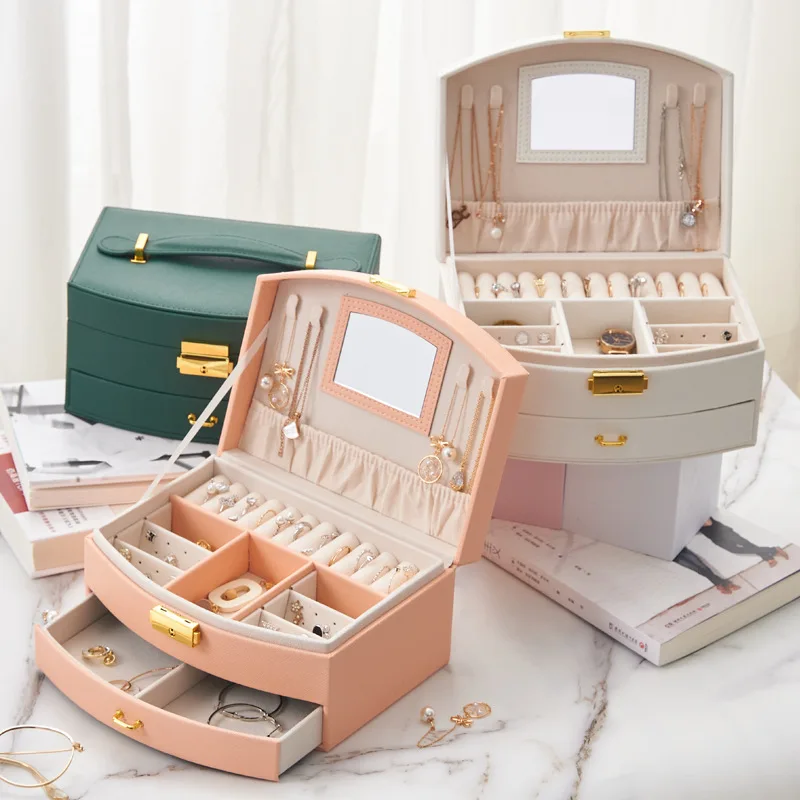 

Women Jewelry Storage Organizer Drawers Box Travel Makeup Cosmetic Boxes Mirror Jewellery Case