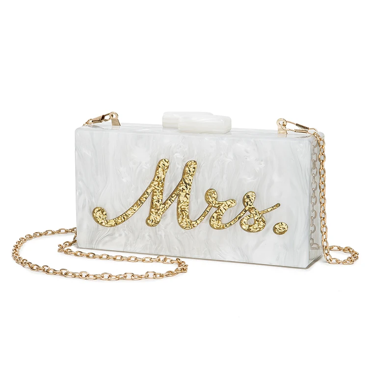 

Ladies Golden Letter MRS Sequin Adorn Mother Pearl White Acrylic Wedding Bridal Party Shoulder Messenger Clutch Bag Evening Bags, Gold white silver pink