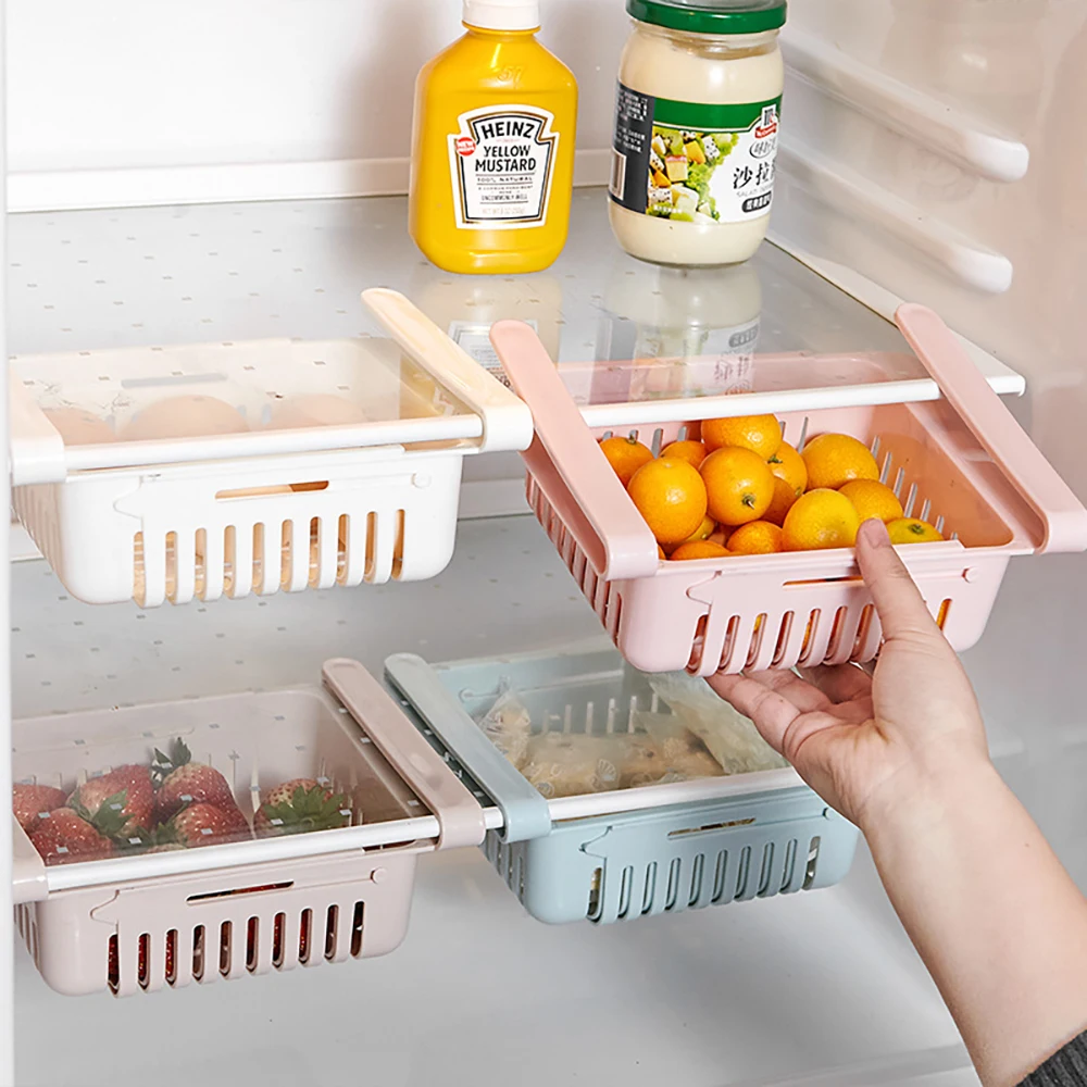 

Retractable Refrigerator Storage Box Kitchen Drawer Organizer Bins Food Fresh-Keeping Basket Container Shelf Fruit Drain Basket, White,blue,pink