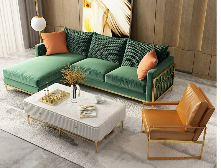 Modern Stainless Steel Frame Fabric Sofa L Shaped Sectional Sofa Set