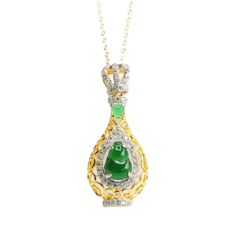 

S925 Silver Inlay Natural Emerald Calabash Pendent Ice-Like Emperor Green Necklace Factory Wholesale FC3032004