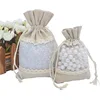 Wedding Gift Bags Visible Organza Mesh Window Lace Cotton Burlap Bag Jewellery beads Drawstring Pouch