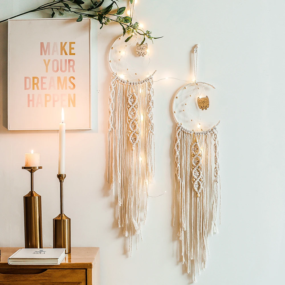 

Diy Room Decoration Macrame Hanging Tapestry Owl Rainbow Mirror Shelf Feather Moon Star Woven Dream Catcher Boho Big, As picture