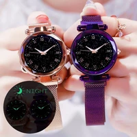

2019 Women Mesh Magnet Buckle Starry Sky Luminous Watches Luxury Ladies Roman Numeral Quartz Brand Watches Clock