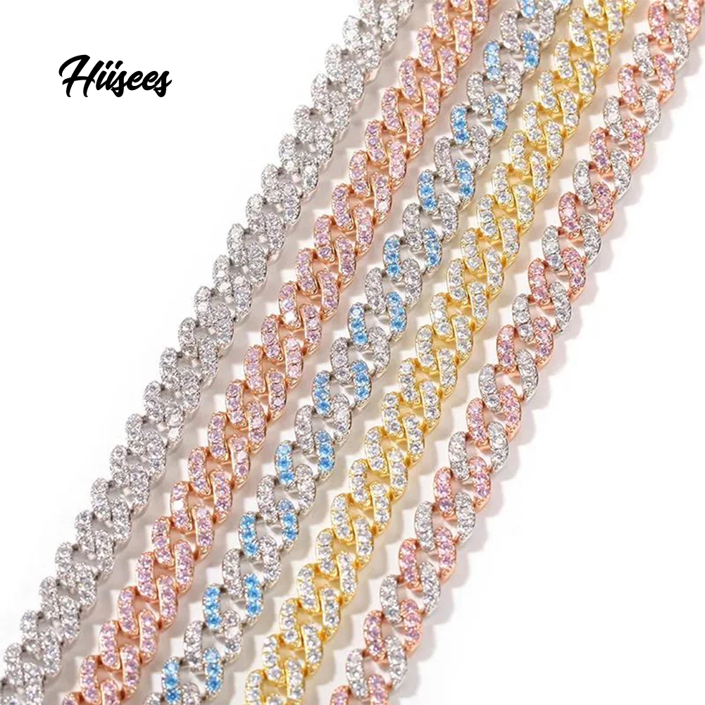 

9mm Cuban Link Chain Pink Blue Zircon Bracelet Necklace 18k Gold Plated Ice Out Diamond Choker Necklace Women Man Gifts