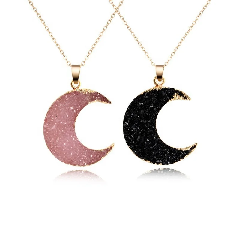 

2021 Trendy Natural Quartz Crystal Moon Necklace, Gold Plated Chain Quartz Druzy Crescent Moon Necklace for women girl jewelry, Picture shows