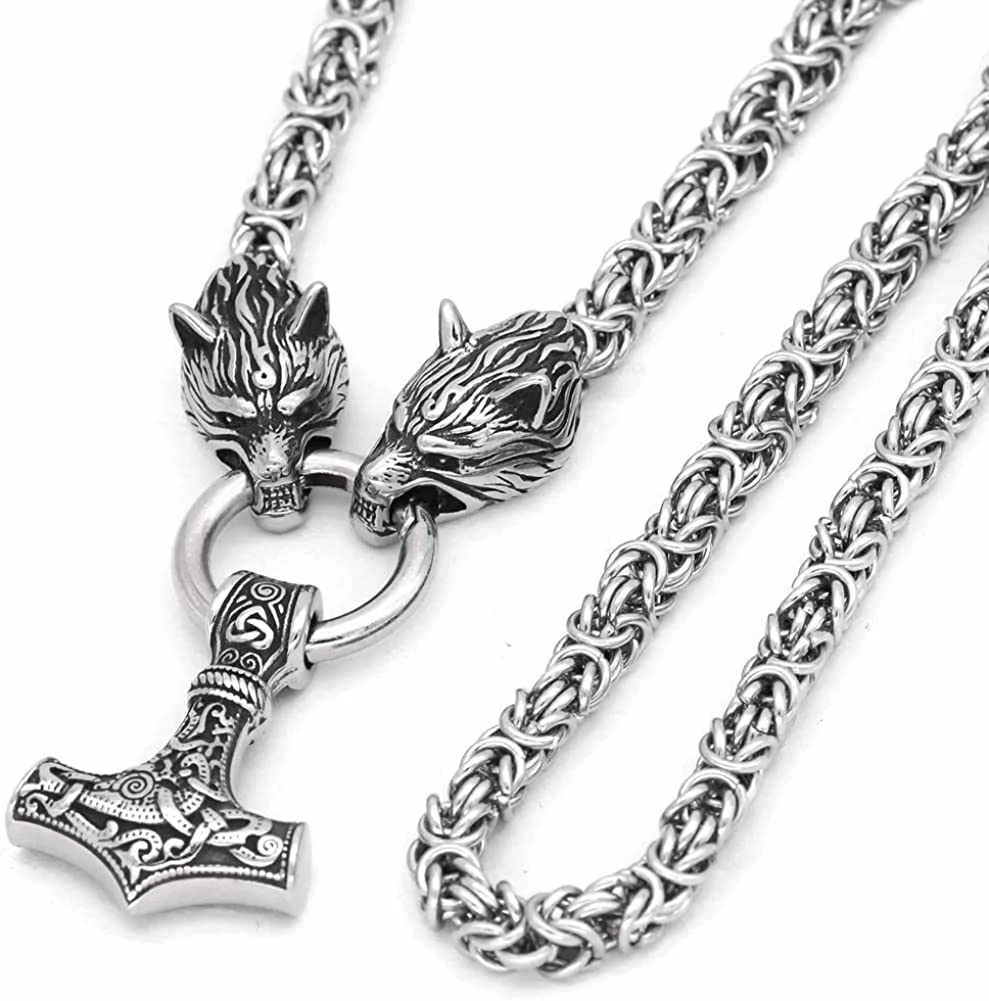 

Men Stainless Steel Wolf Head Norse Viking Jewelry Amulet Thor Mjolnir Necklace King Chain with Valknut