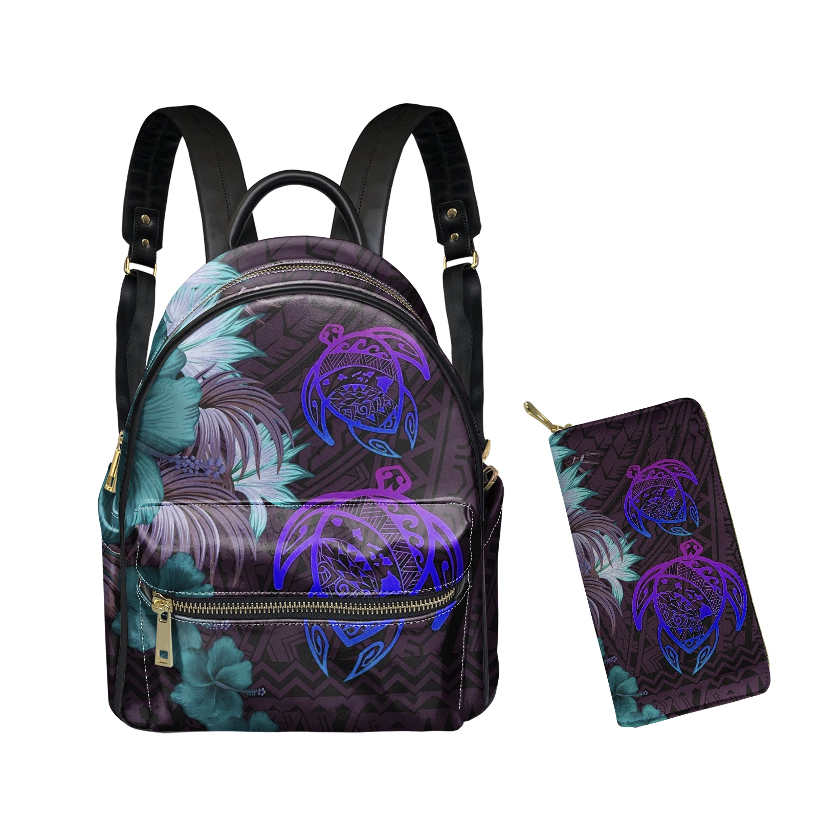 

Hawaiian Plam Tree Design Backpack With Wallet Set Tropical Sea Turtle With Tribal Fashion Women Leather Shouler Bag Packs