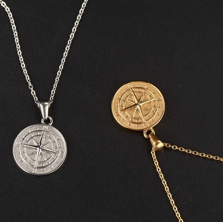 

In Stock Hip Hop 316L Stainless Steel Compass Pendant Plating 18K Gold Silver Compass Necklace Men