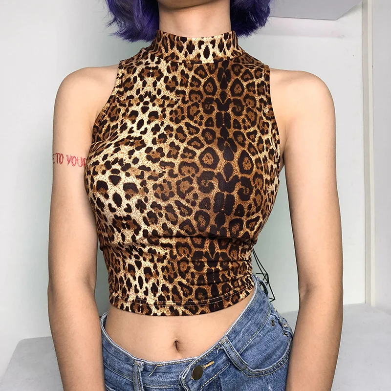 

Summer Women Leopard Animal Print Crop Tops Ladies Sleeveless Sexy Blouse Shirt Clothing, Black