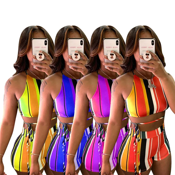 

women suits 2021 color stripe backless vest and leisure short 2 piece short set sexy womens shorts and crop set