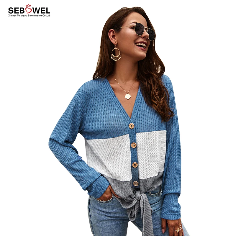 

Casual Blue White Contrast Autumn Tie Front Cardigan for Women, As shown