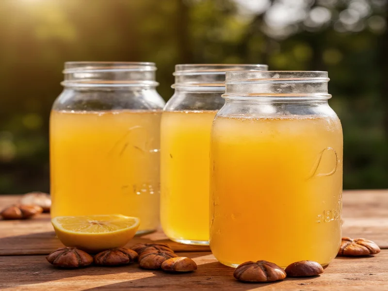 Mason jars filled with golden apple cider on wooden table