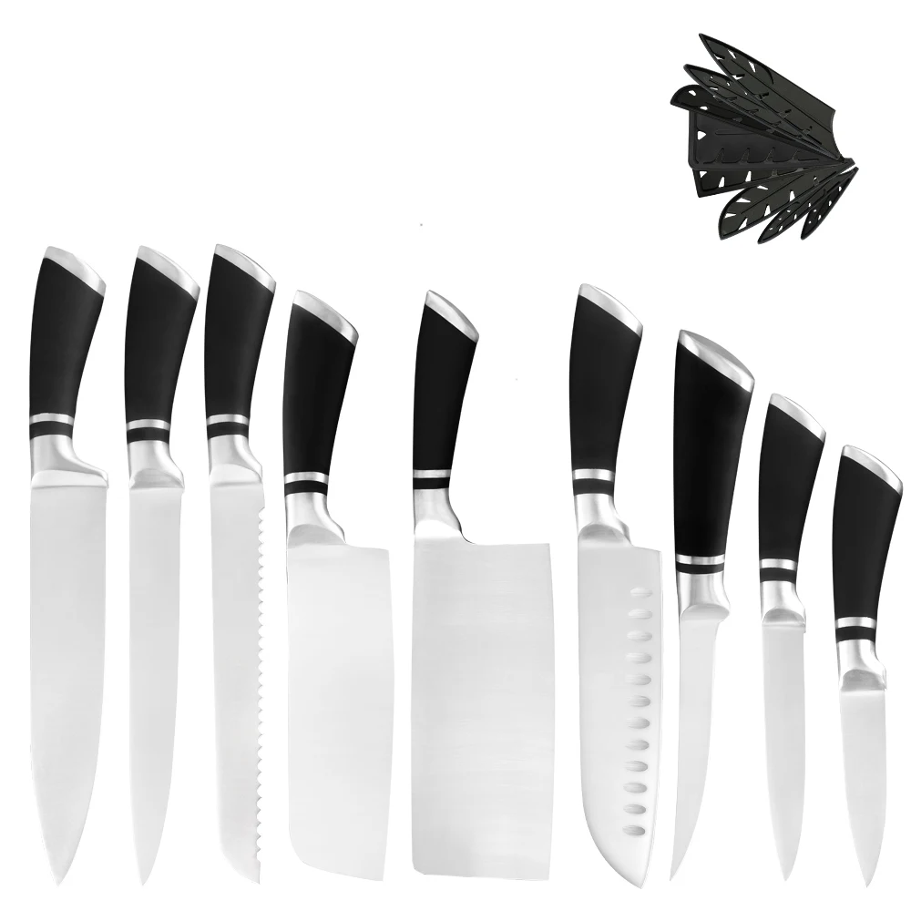 

Factory wholesale razor sharp cutlery set OEM logo double edge 9pcs 3Cr13 stainless steel Japan kitchen knife global knife set, Black