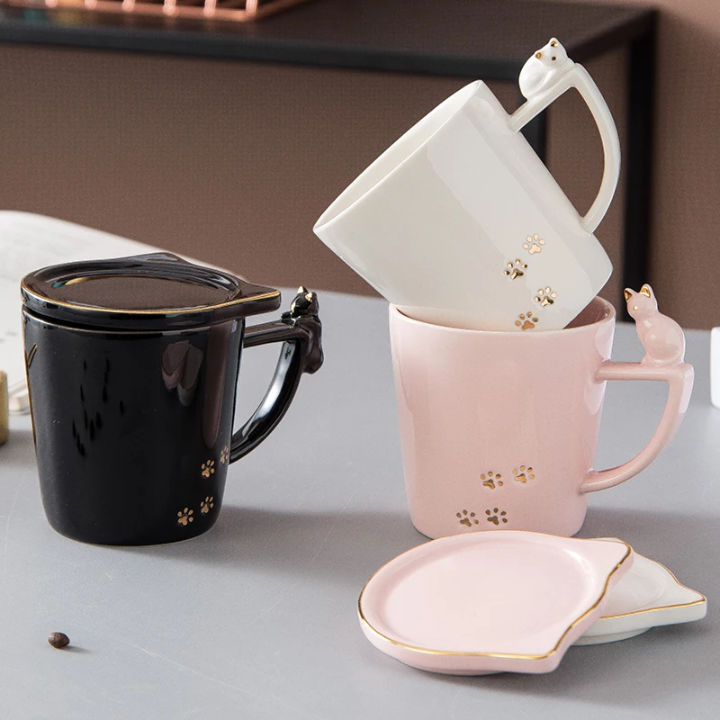 

Flypeak new design ceramic coffee travel porcelain mug Drinkware tazas cartoon cute cat ceramic mug with lid, Customized color