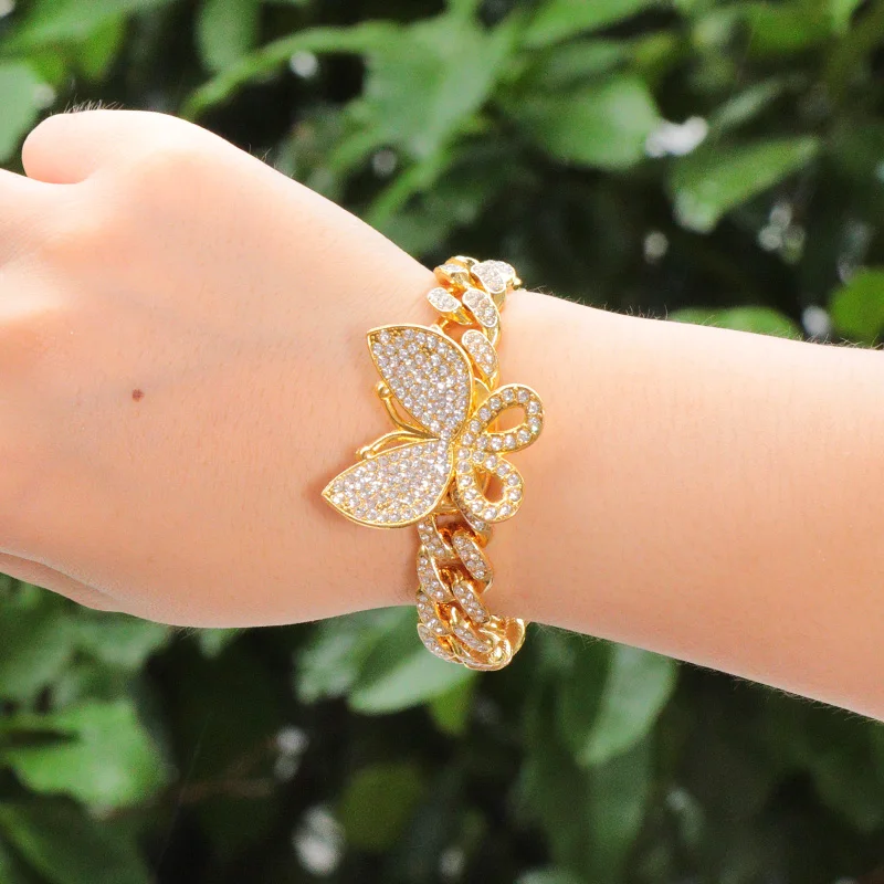 

Hip Hops Rhinestone 12MM Miami Cuban Link Chain Butterfly Charm Bracelet Full Diamond Animal Butterfly Cuban Bracelet