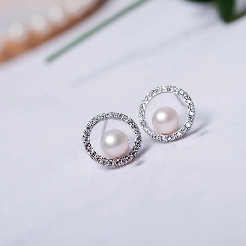 

2021 ear studs round fashionable charming graceful freshwater pearl 925 sterling silver zircon studs earrings, White