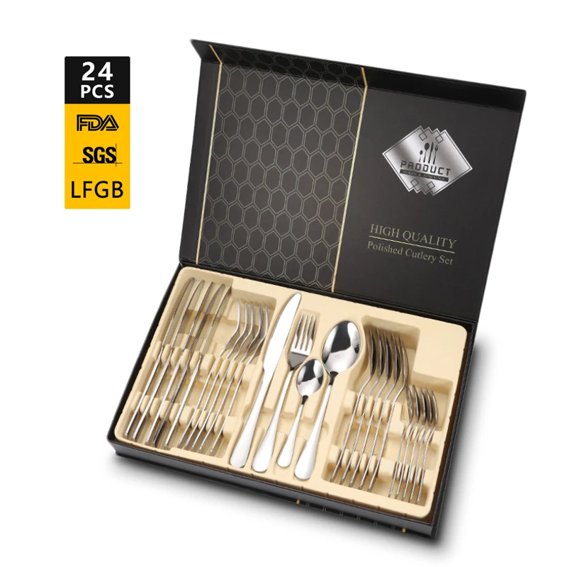 

Amazon hot selling Stainless Steel Cutlery 24PCS sets Metal flatware Set knife spoon fork for Wedding Party Christmas Gift, Silver, gold,rose gold,black,rainbow