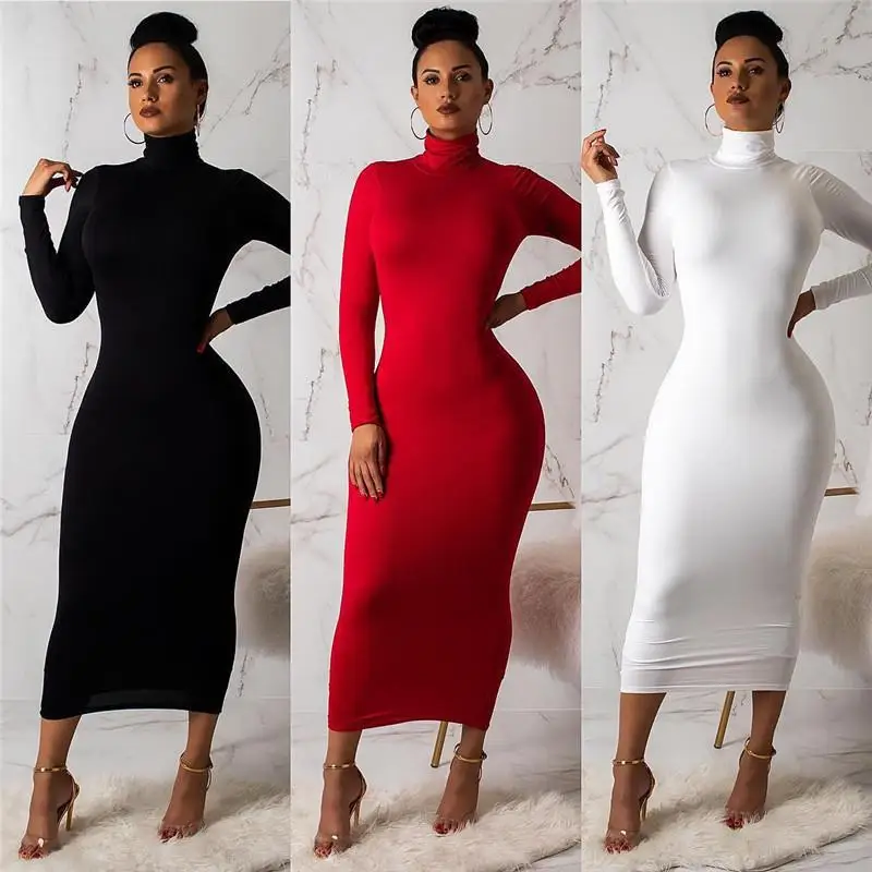 

Drop Shipping Women Fashion Plain Black Turtle Neck Long Sleeve Bodycon Sexy Casual Dress