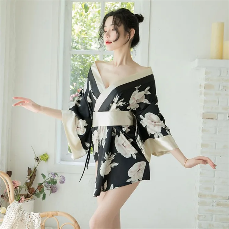 Sexy Sakura Kimono Lovely Japanese Uniform Robe Floral Bathrobe Short ...