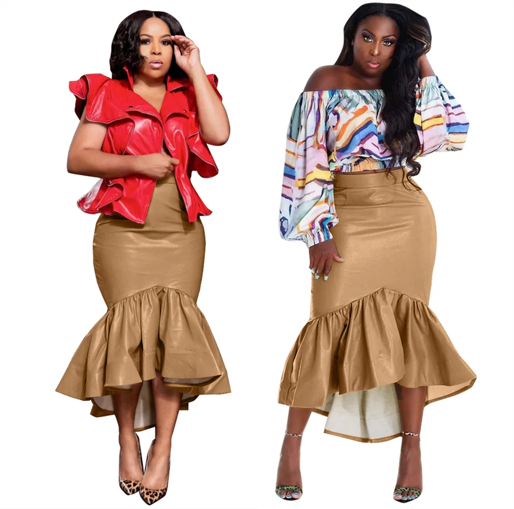 

2021 Women's winter Popular Flounce Skirt Long Pu Leather Skirt