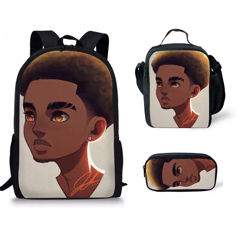 

Cute Student Backpack School Bags + Lunch Box + Pencil Case Teens Bookbag Set Print Women African Girl Black 3 in 1 Cartoon 1set