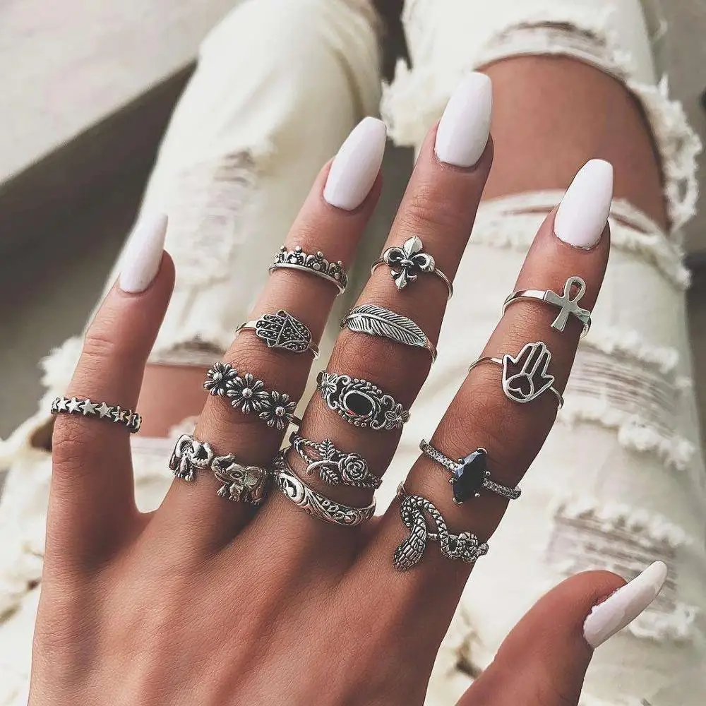 

Bohemian Women Rings Anise Star Crown Cross Snake Drops Geometry Crystal Joint Black Ring Set Personality Lady Wedding Jewelry, Silver
