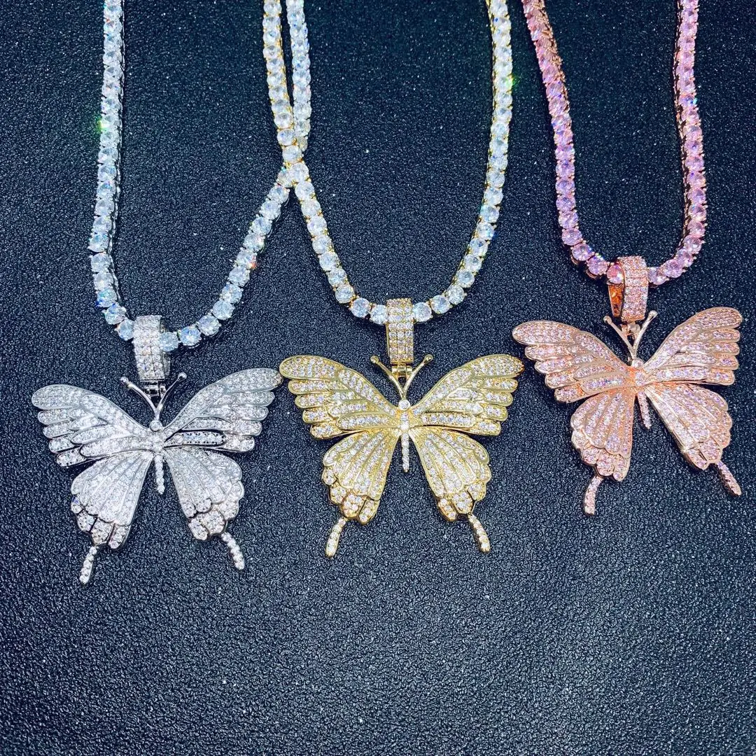 

ROMANTIC Fashion Simple Design Cuban zirconia tennis chain cz pink butterfly necklace, Picture