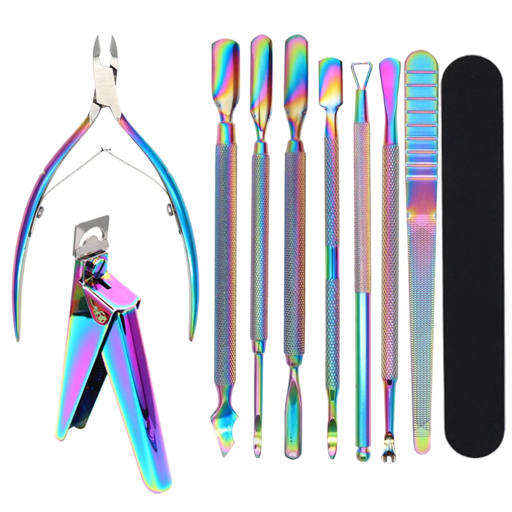 

Best Seller Rainbow Stainless Steel Professional Cuticle Nippers Trimmer Pusher Peeler Scraper Set, Customized color